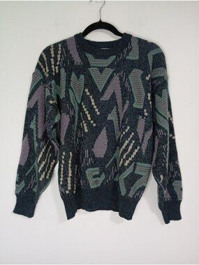 Vintage Michael Gerald Mens Geometric Knit Sweater Navy Purple & Green Size M